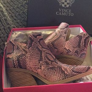 Vince Camuto rosewood snake booties